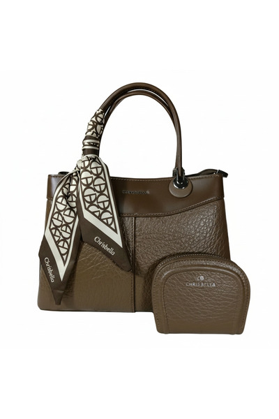 Chrisbella Taupe Brown Luxury Handbag with Sling & Matching Pouch