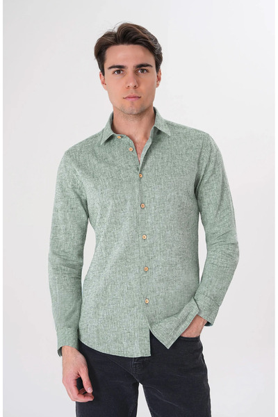UNIQVIBE Natural Linen Green Men's Shirt