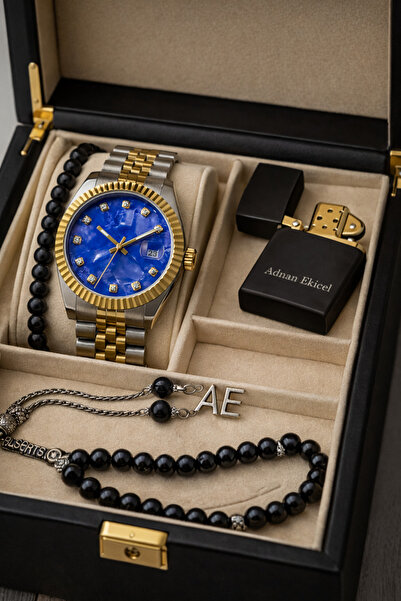 pierrose Erkek Mavi Mermer Desen Kadran Gold Gümüş Metal Kordon Kol Saati Bil...