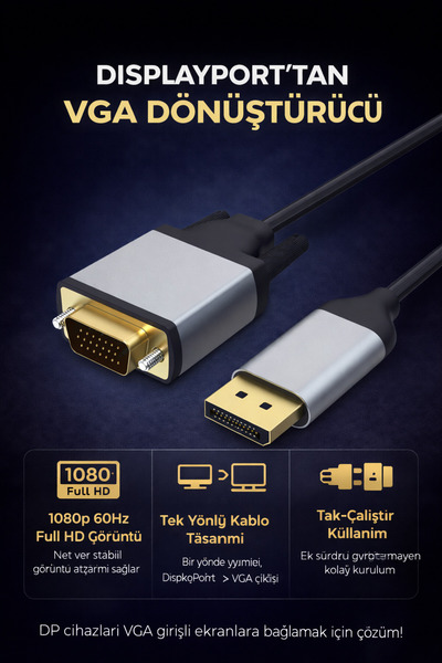 Coverzone Displayport to Vga Converter Cable 1080P 60Hz Full Hd Monitor Proje...