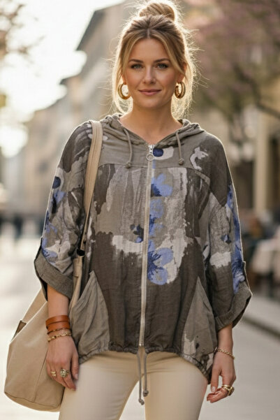 Chiccy Italian Mink K Hooded 3/4 Sleeve Zippered Pocket Casual Linen Look Wov...