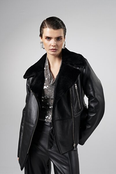 Valmenti Kadın Kuzu Kürk Siyah Kaban