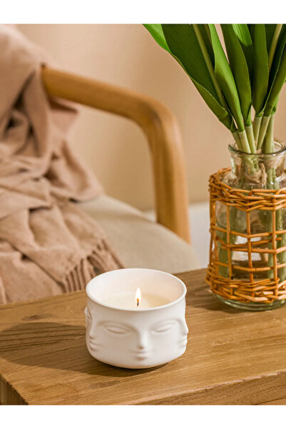 LC Waikiki LCW HOME Beyaz Yüz Baskılı Seramik Mumluk 9 Cm