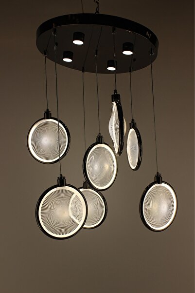 GN GEN AYDINLATMA Lüks Platin Siyah 7li Işınsal Desenli Modern Pleksi Çemberl...