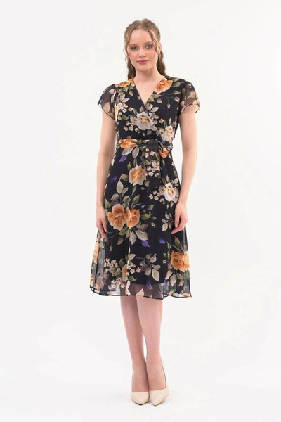 Arseno Γυναικείο φόρεμα μίντι σιφόν με λουλουδάτο σχέδιο και δέσιμο στη μέση ...