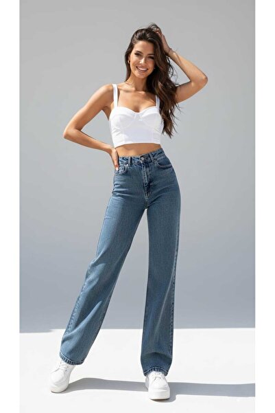 NWC Medium Blue Snow Wash Stretch Fabric Super High Waist Loose Leg Denim Pal...