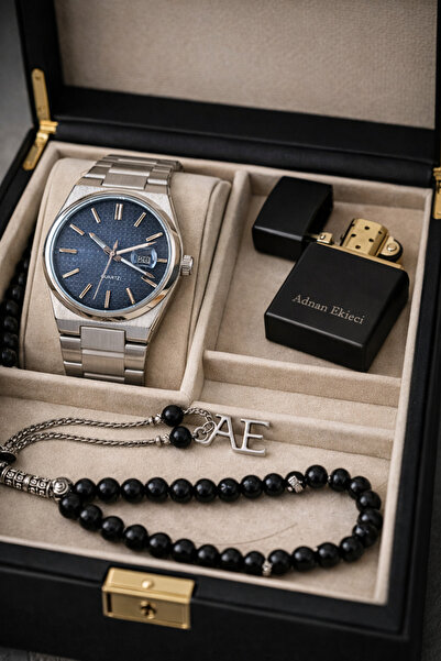 pierrose Erkek Lacivert Kadran Gümüş Çelik Kordon Kol Saati Bileklik Tesbih İ...