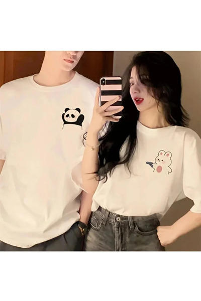 shi dumanlar giyim Oversize Çift Eş Sevgili Kombini Panda-Tavşan Gögüs Baskıl...