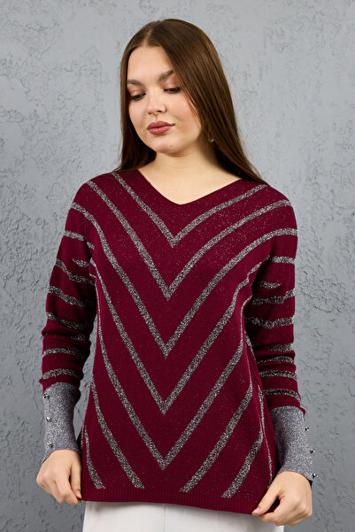 Clothes Fast Women's Burgundy Glitter Knit Sweater, V Pattern Detail, Long Sl...