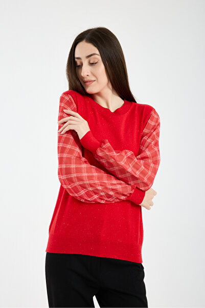 Moda Days Women's Red Chiffon Sleeves Crew Neck Glitter Knitwear Blouse