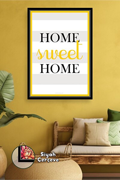 KOSS Dijital Home Sweet Home Written Framed Canvas Painting Yellow Detailed W...