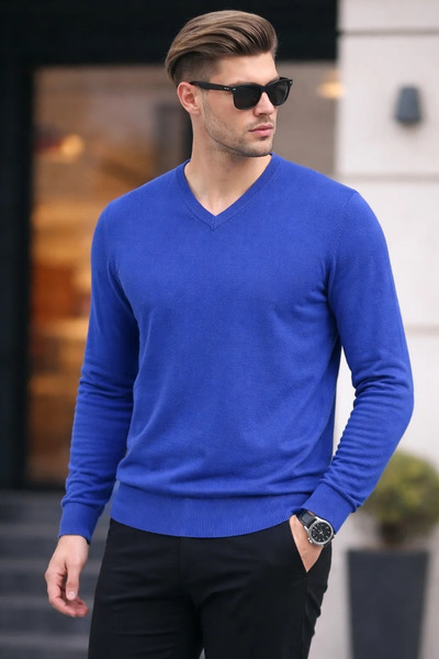 COMBİNE MİCHAİL Men's Premium Blue V-Neck Knit Sweater