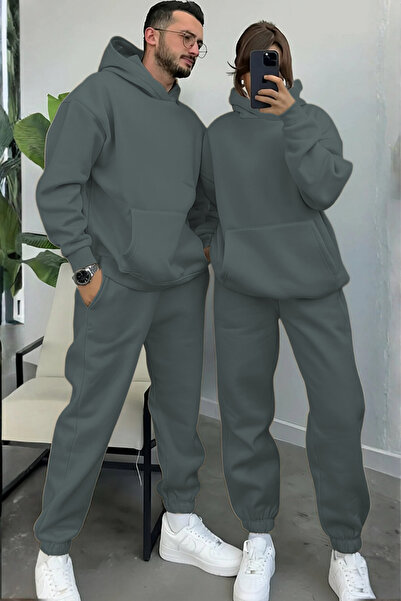 YAKAMEL Kadın Erkek Trend Model Çiftlere Özel 3 Iplik Oversize Kışlık Kalın E...