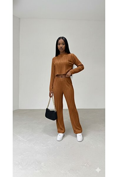 THEBEK Winter Ruffle Modal Bottom Top Crop and Pants Set