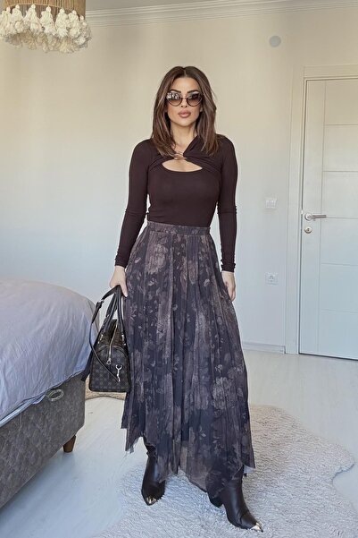 Eswomes Pileli Şifon Uzun Etek Kahverengi