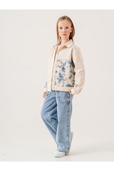 Zekids Girls' Floral Embroidered Denim Jacket T-Shirt Two-Piece Set