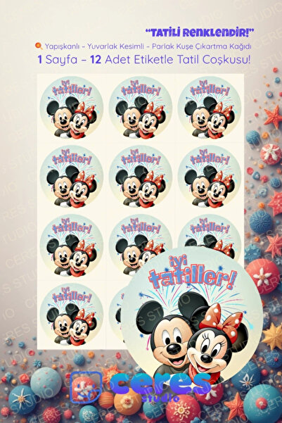Ceres Studio İyi Tatiller Mickey Minnie Sticker Seti K19- 12 Adet Yuvarlak Et...