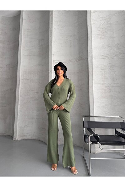 erki triko Corded Fabric Button Cardigan Flared Pants Knitwear Set