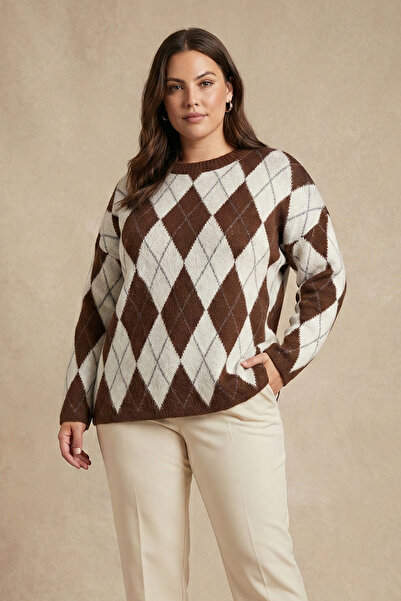 YXL COLLECTION Kadın Büyük Beden Likralı Bisiklet Yaka Oversize Ekose Baklava...