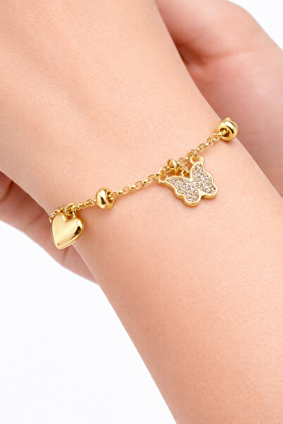 femline Gold Color Heart and Butterfly Figured Women's Bracelet