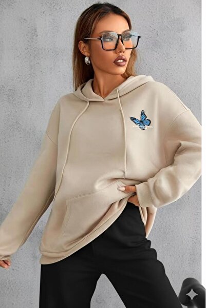 CAST COLLECTİON Hanorac cu glugă pentru femei, bej, cu imprimeu fluturi