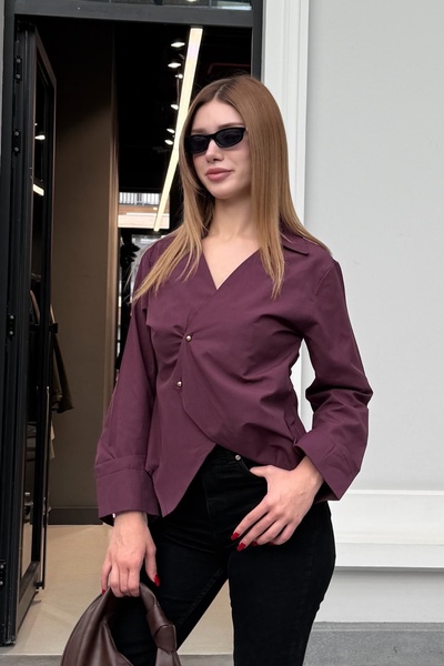 Ded COLLECTION Women's Gold Buttoned V-Neck Cross Detail Poplin Shirt