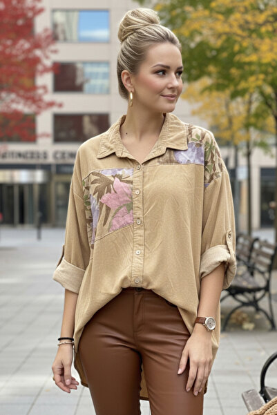 Chiccy Ιταλικό μπεζ μακρυμάνικο πουκάμισο με λουλουδάτο κουμπί, λεπτό βελούδι...