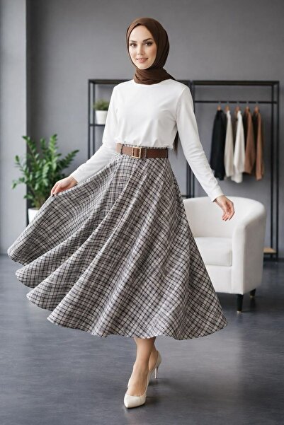 moda paketi Plaid Pattern High Waist Long Skirt – Comfortable Fit Suitable fo...