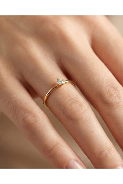 İNDİGO TAKI Minik Nokta Tek Taş 14 Ayar Altın Yüzük