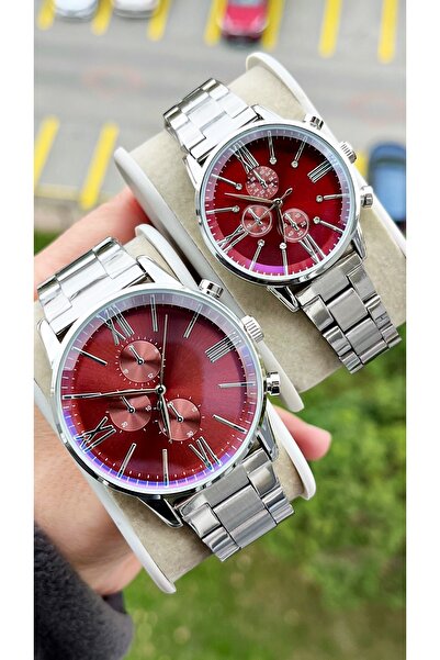 Weluxa Silver Color Claret Dial Dear Couple Wristwatch + Watch Box