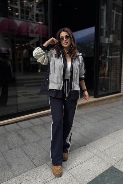 Eswomes Garnili Kapişonlu Eşofman Takım Lacivert