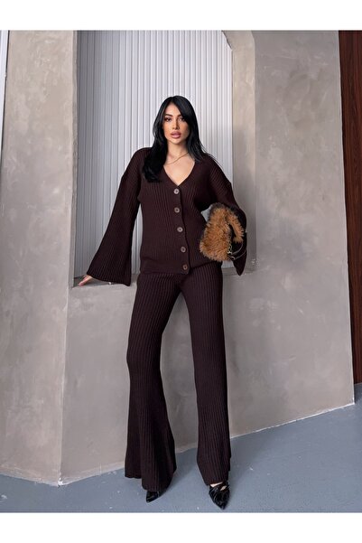 erki triko Corded Fabric Button Cardigan Flared Pants Knitwear Set