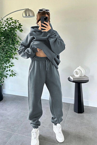 YAKAMEL Kadın Oversize Trend Model Kanguru Cep Kapşonlu Sweatshirt Eşofman Ta...