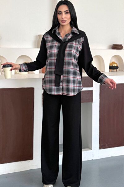 Ded COLLECTION Women's Plaid Patterned Self-Tie Accessory Shirt Set