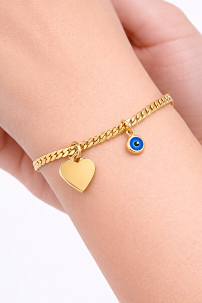 femline سوار نسائي ذهبي اللون مزين بخرز العين الشريرة وشكل قلب