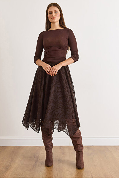 Olalook Жіноча коричнева підкладка з оксамиту з флоковим принтом, спідниця з ...