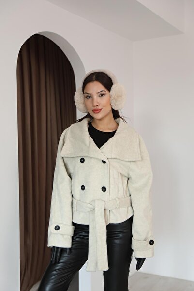 İgnites Ecru Premium Mock Neck Belted Lined Cashmere Coat-İgni̇tes-00028