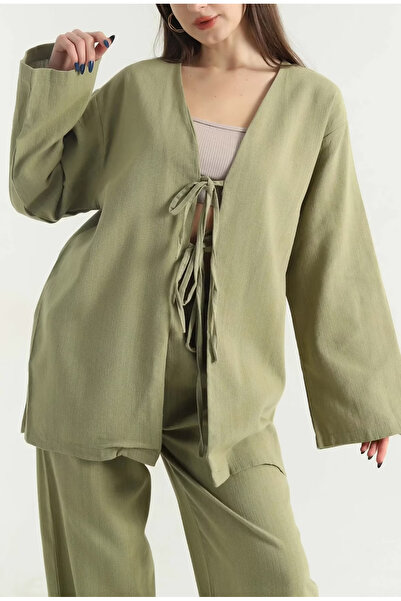 zem moda 🤍 💚   Comfortable Cut Women's Suit with Tie Detail (Ecru – Khaki)