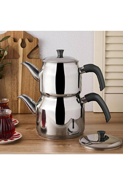 EnTrenDD Peroti Çaydanlık Takımı Çelik Tahtakale Bakalit Kulp Siyah Aile