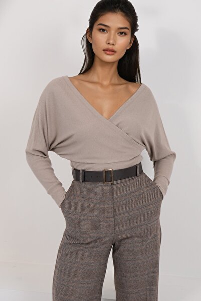 Trend Alaçatı Stili Women's Milk Coffee Front Back V-Neck Double-Breasted Blo...