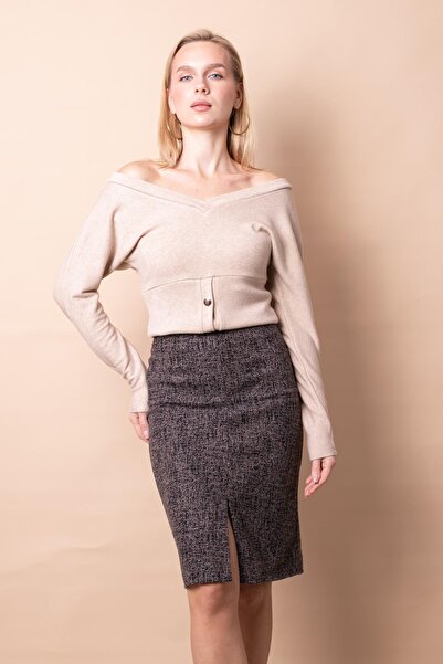 Jument Women's Diagonal Lightweight Stretch Fabric Wool Fabric Front Slit Kne...