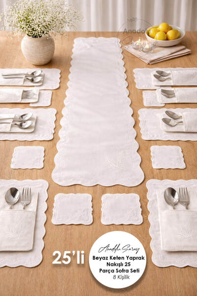 Anadolu Saray Beyaz Keten Yaprak Nakışlı 25 Parça Sofra Seti | 8 Kişilik Şık ...