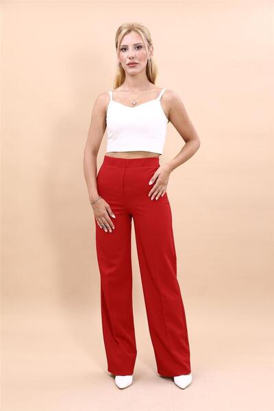 ÖNDER ÖZSOY بنطلون نسائي واسع الساقين مريح مع خصر مطاطي - أحمر