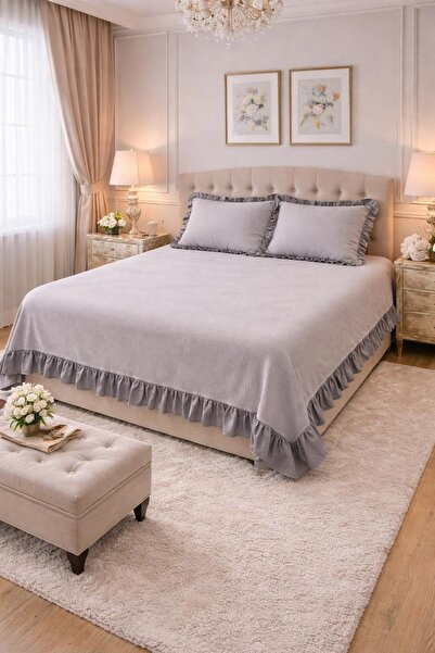 Pedimu Double Ruffle Detailed Pique Set – 3 Pieces |   Cover + 2 Pillowcases