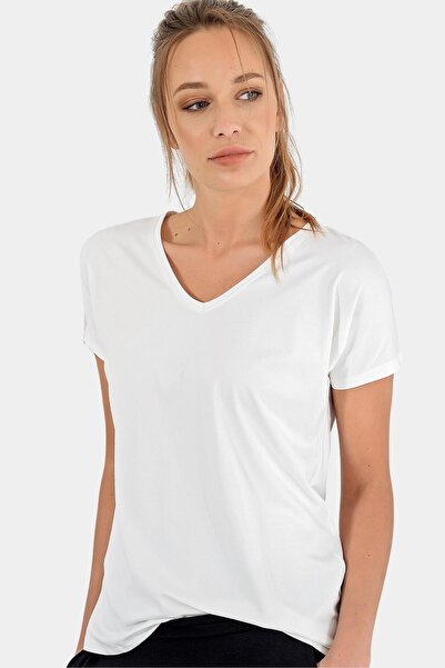 Trend Alaçatı Stili Damski T-shirt z dekoltem w serek w kolorze ecru ALC-1045-A