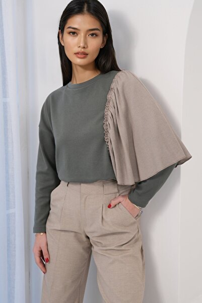 Trend Alaçatı Stili Women's Khaki Crew Neck Shoulder Draped Colors Paneled Kn...