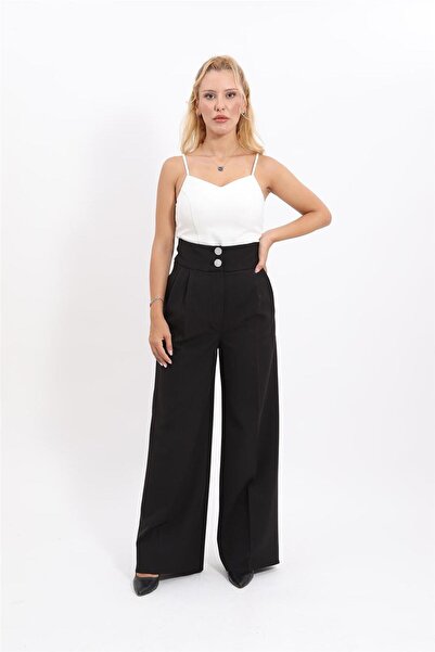 ÖNDER ÖZSOY بنطلون نسائي بخصر عالٍ جدًا وطيات - أسود