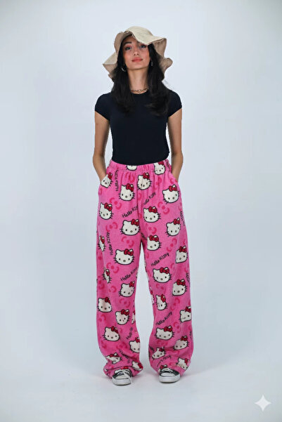 BALİNA Karakter Desenli Peluş Baggy Pantolon Pembe-THE SOLO