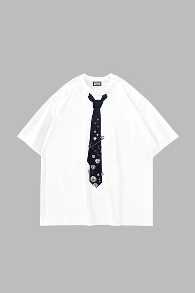 Sekizbiraltı Tie Printed Oversized Unisex White Tshirt