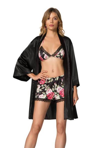 Stylish A luxuriously soft satin three-piece nightgown set including a black ...